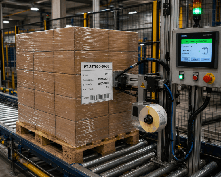 Automatic pallet labeling system on the plant floor, with a control panel showing 'System on automatic'