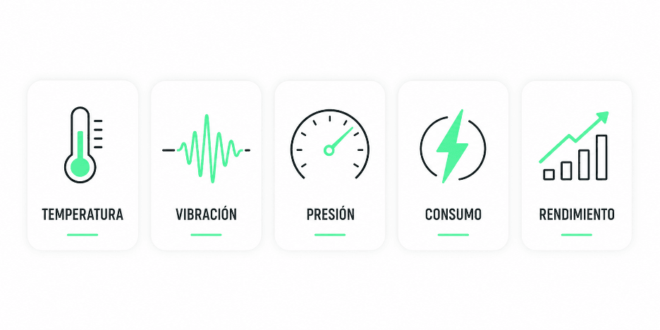 Monitored variables: temperature, vibration, pressure, consumption, and performance