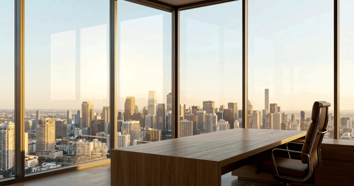 Oficina en un piso alto con escritorio de madera y vista panorámica a la ciudad al atardecer